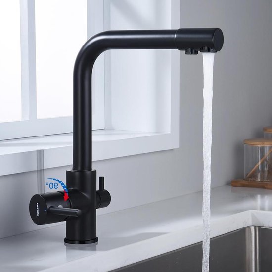 CREA 3 Weg Keukenkraan, 360° Draaibare Kraan Keuken, 3 in 1 Mengkraan voor Waterfilter, Drinkwaterkraan met 2 Hendels, Gootsteenkraan Mat Zwart CREA 3 Weg Keukenkraan, 360° Draaibare Kraan Keuken, 3 in 1 Mengkraan voor Waterfilter, Drinkwaterkraan met 2 Hendels, Gootsteenkraan Mat Zwart