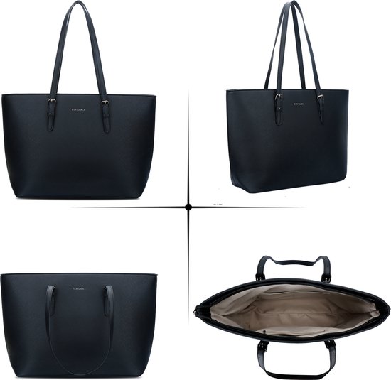 Vier weergaven van de zwarte Eleganci shopper: voorkant, zijkant, achterkant en open van boven.
