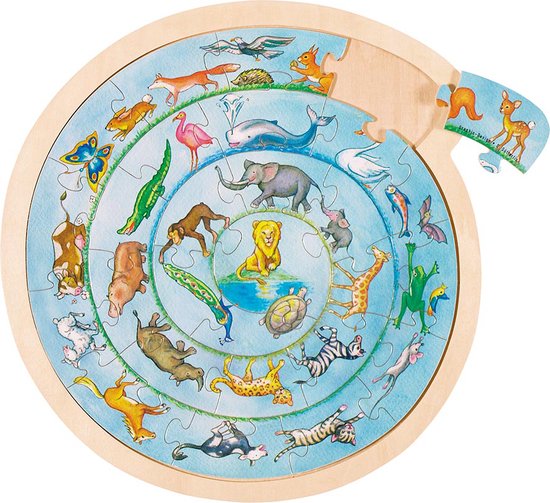 Puzzle en bois de 27 pièces de forme circulaire. Image de divers animaux, dont un lion, un éléphant et une girafe, disposés en spirale.