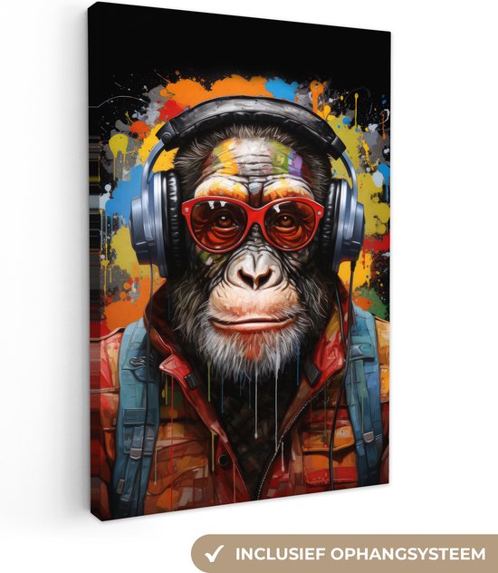 Tableau sur toile Chimpanzé - Singe - animaux - Graffiti - Lunettes - Écouteurs - Couleurs - 20x30 cm - Décoration murale