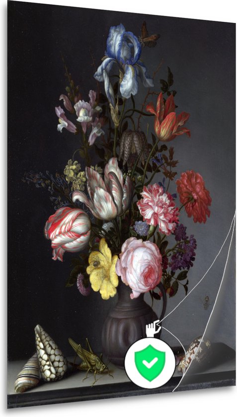 Bloemen in een vaas met schelpen en insecten - Balthasar van der Ast wanddecoratie - Bloemen posters - Poster Natuur - Wanddecoratie industrieel - Slaapkamer posters - Kunst poster 80x120 cm