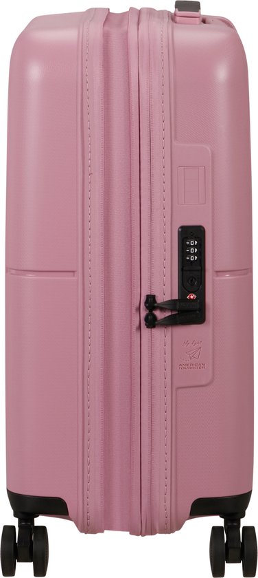 Zijkant van een roze koffer met rits, TSA-slot en de letters "HR".