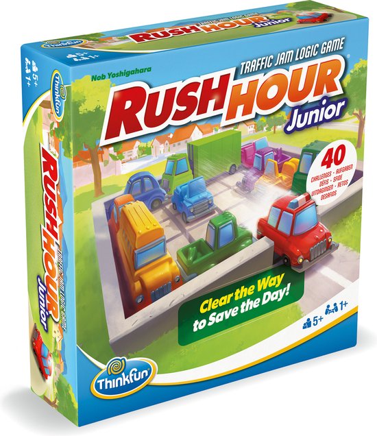 Boxart van het Rush Hour Junior spel, met een verkeersopstopping van gekleurde auto's en vrachtwagens.