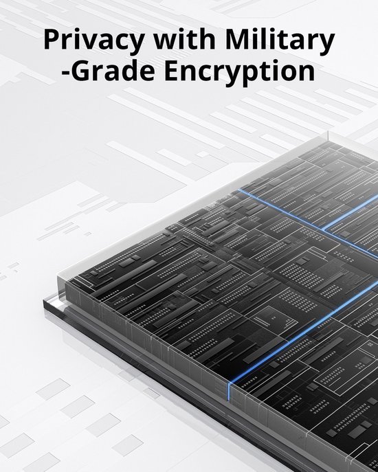Abstracte weergave van microchip met blauwe lijnen, privacy met militaire encryptie.