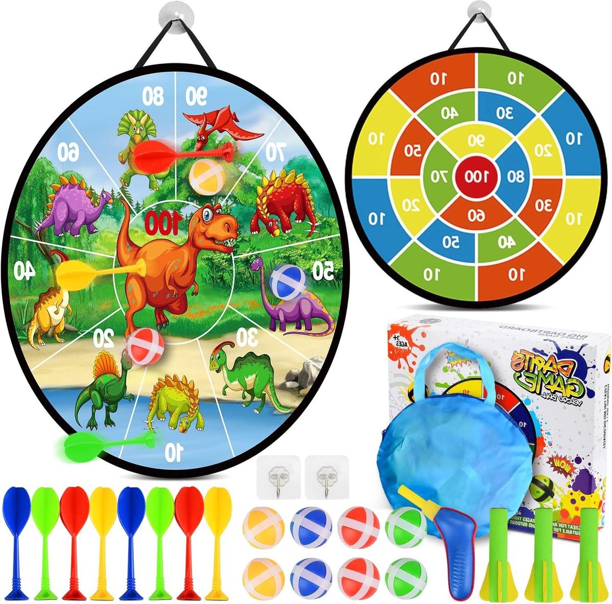 Dubbelzijdig opvouwbaar dinosaurus dartspel - 72 cm - inclusief 8 kleverige ballen en 8 dartpijlen - binnen en buiten speelgoed voor kinderen - cadeaus voor jongens en meisjes