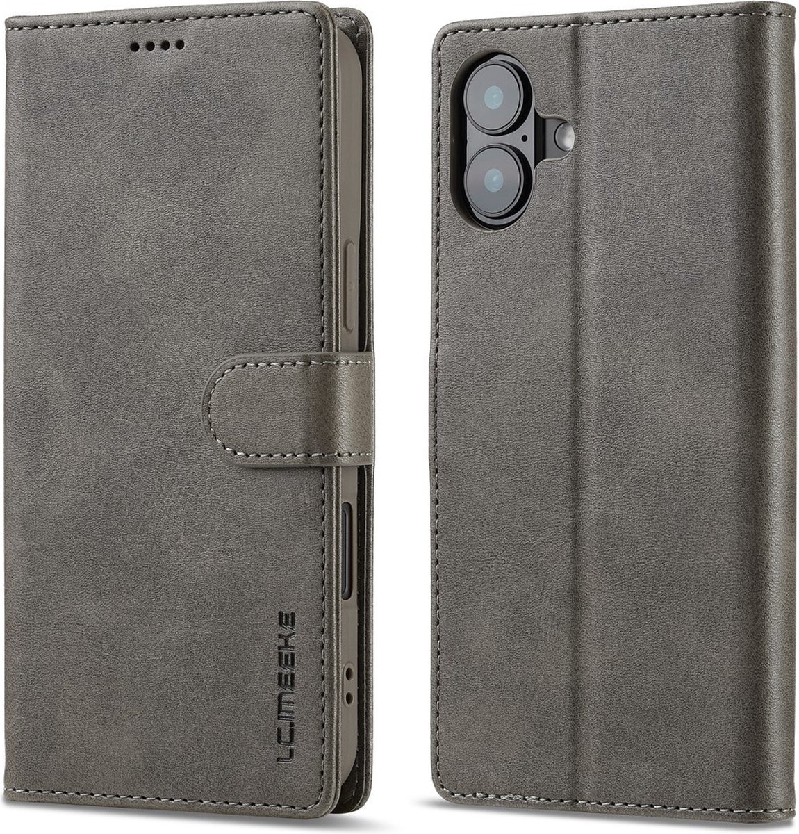 LC.IMEEKE Hoesje - Geschikt voor iPhone 16 Hoesje - LC.IMEEKE Luxe Book Case - Grijs