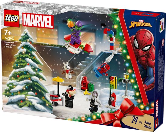 LEGO Marvel Spider-Man adventskalender met kerstboom, sneeuw, Spiderman, Green Goblin en 24 cadeautjes.