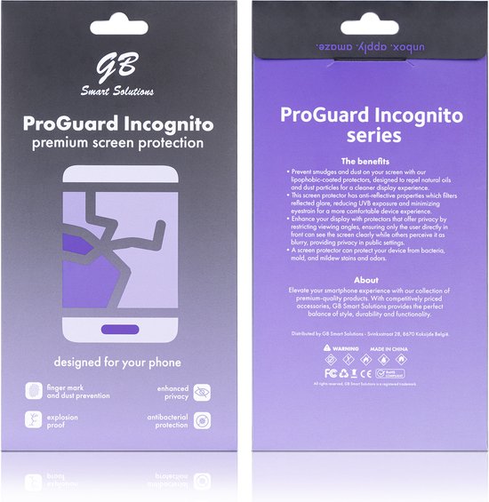 Verpakking voor "ProGuard Incognito premium screen protection" met een afbeelding van een gebarsten scherm en tekst over functies.