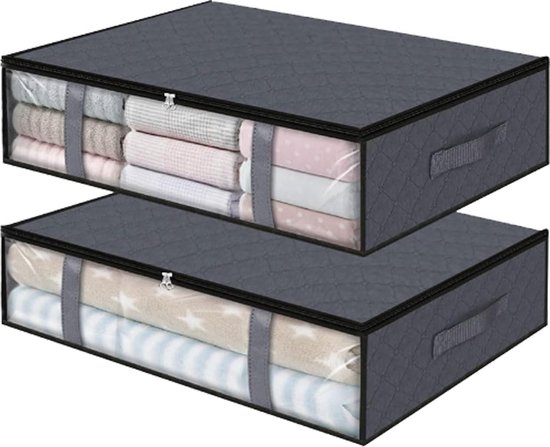 Foto: Set van 2 onderbed opbergzakken opvouwbare kledingopslag verhuisdozen met rits en transparante dekens opbergcontainer voor dekbedden kleding onderbed garderobe grijs 