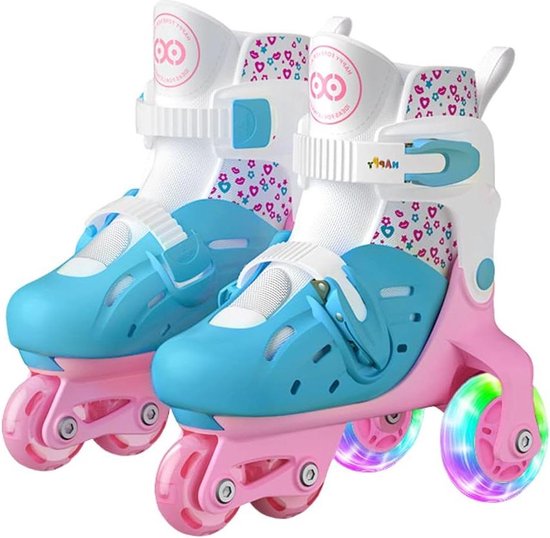 Rolschaatsen voor kinderen, met lichtgevende wielen, voor meisjes en jongens, in grootte verstelbaar, ademend, quad skates, verstelbaar, wit, M (32-36 EU