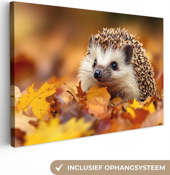 Foto: Canvas schilderij 120x80 cm wanddecoratie egel bos herfstbladeren herfst bosdieren natuur muurdecoratie woonkamer slaapkamer decoratie kamer accessoires schilderijen