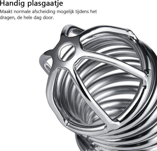 Glanzende metalen kuisheidskooi met een spiraalvormig ontwerp en een open bovenzijde met een ster-detail.
