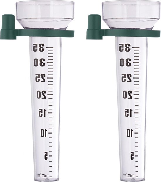 Foto: Set van 2 pluviometers met houder regenmeter tot 35 mm m kunststof neerslagmeter transparant groen