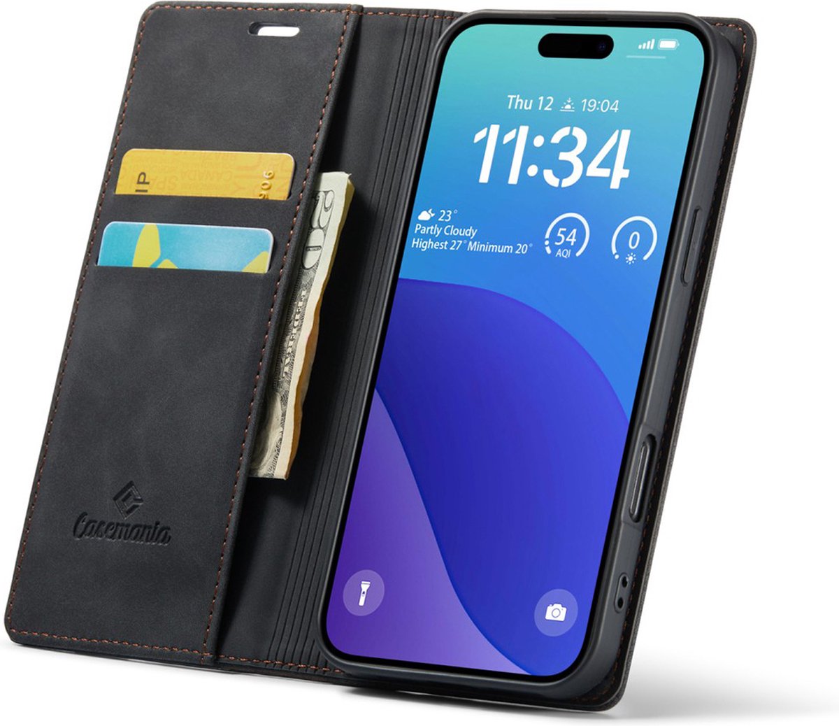 CaseMania Bookcase hoesje geschikt voor iPhone 16 Pro Max - Effen Zwart - Kunstleer