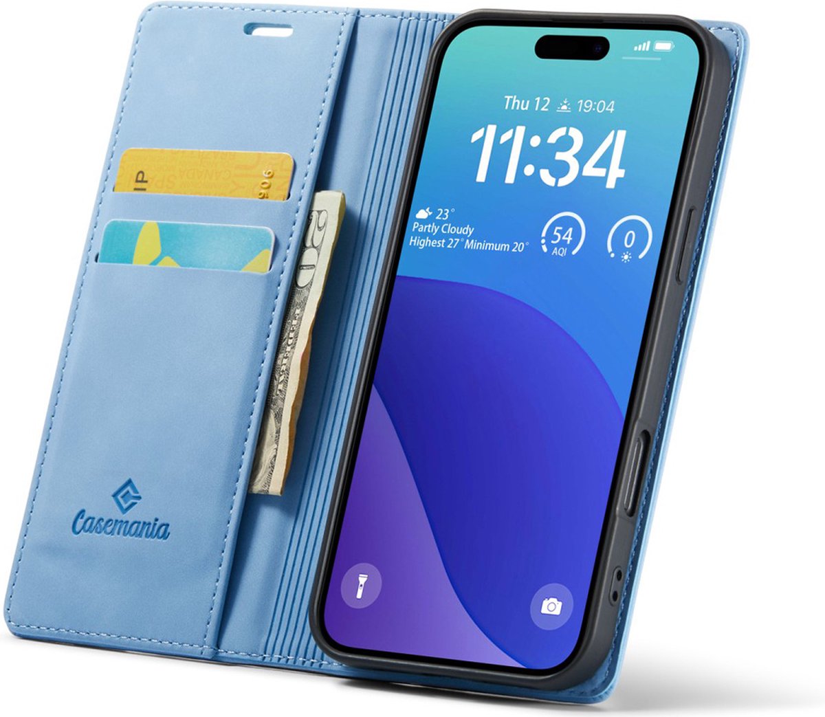 CaseMania Bookcase hoesje geschikt voor iPhone 16 Pro - Effen Lichtblauw - Kunstleer
