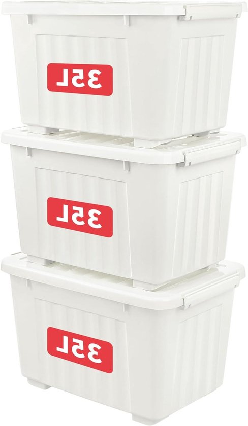Plastic Opbergdoos Wit Draagtas - 35L x 3 - Organiserende Container met ...