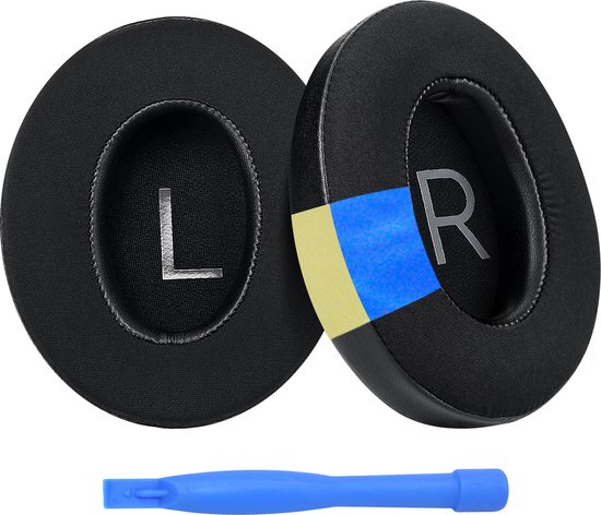 Coussinets d'oreille noirs, gauche (L) et droite (R), avec ruban bleu et jaune. Inclut un outil bleu.
