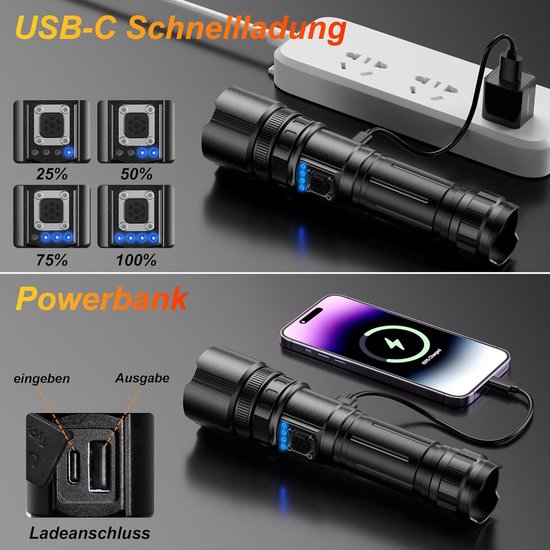 JAY-PARK Zaklamp LED 100000 Lumen Oplaadbaar, Tactische Zaklamp