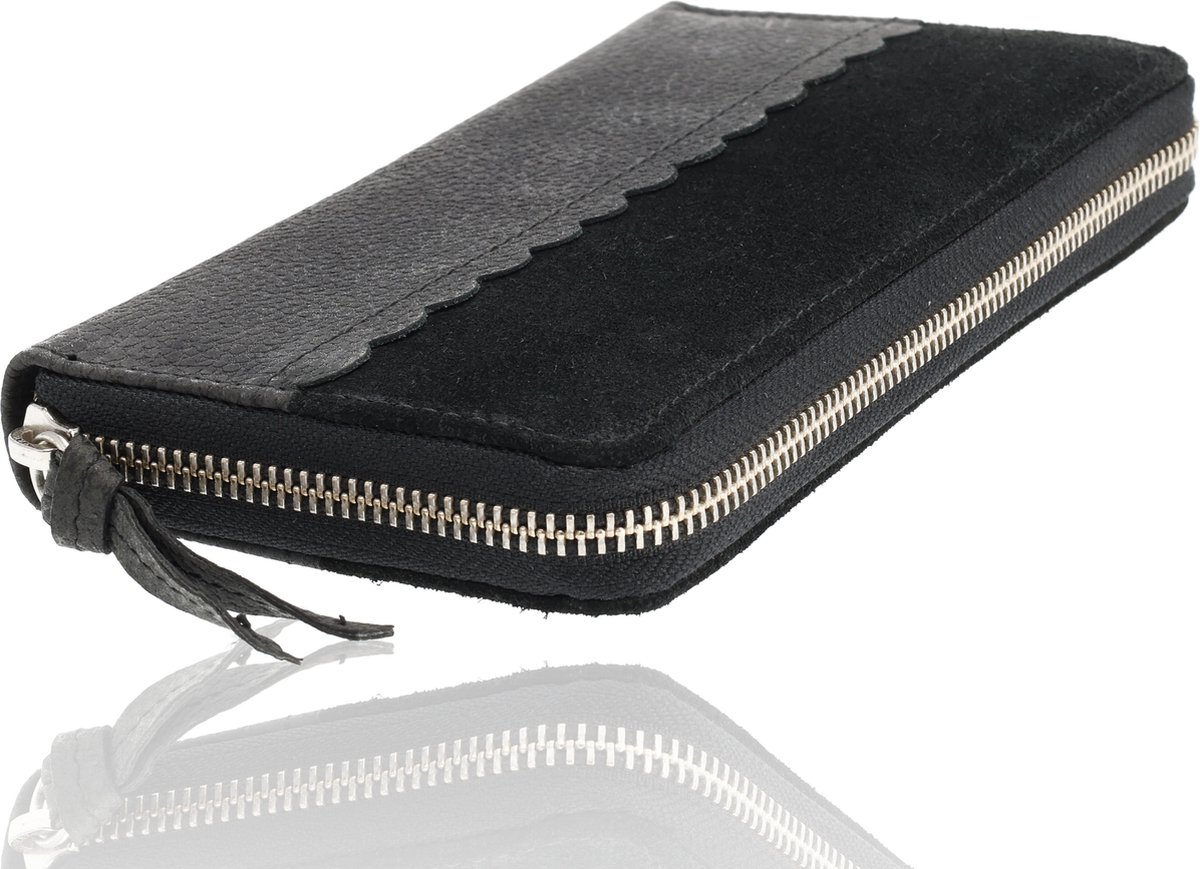 Leren portemonnee 4E-Leren Portemonnee Dames met Ritssluiting - 20x10x2.5cm - Zwart - 12 Pasjeshouders - Cadeau voor Vrouwen, Mama, Vriendin - Kerstcadeau - Portefeuille Dames Leer