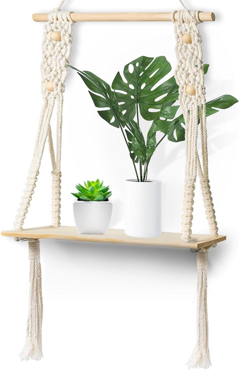 Houten boho macramé wandrek handgeweven wanddecoratie voor woonkamer slaapkamer balkon badkamer Kerstmis ruimtebesparend met led-lichtketting Wandrek