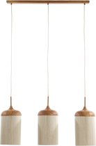 Drie hanglampen met naturel houten kapjes en crème stoffen kappen, hangend aan een houten balk.