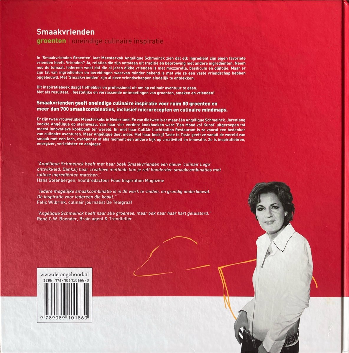 Achterkant van het boek 'Smaakvrienden' met een portret van Angélique Schmeinck.