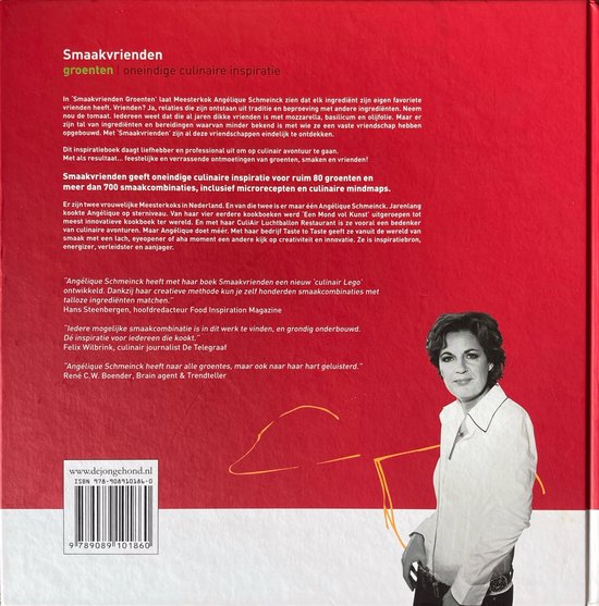 Achterkant van het boek 'Smaakvrienden' met een portret van Angélique Schmeinck.