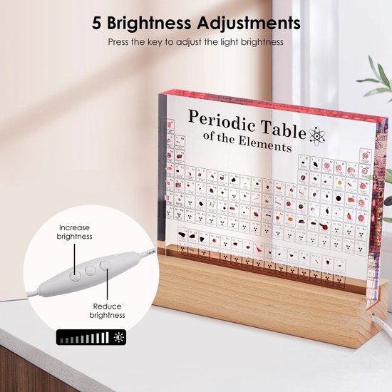 Tableau Périodique Avec 83 éléments Réels En Acrylique - Éclairage LED, Support En Bois, Outil éducatif Et Décoratif