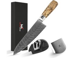 foto van Master Knives Professioneel Japans Koksmes 20 CM - Keukenmessen van hoogwaardig Damascus Patroon - Ergonomisch Rozenhout handvat - japanse messen