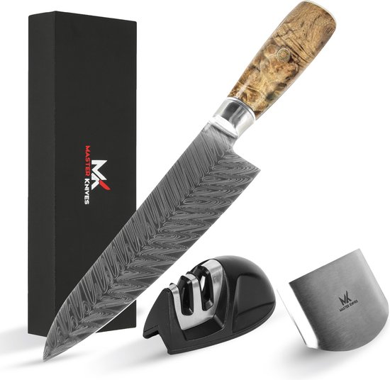Master Knives Couteau de chef japonais professionnel 20 CM - Couteaux de cuisine en motif Damas de haute qualité - Manche ergonomique en palissandre