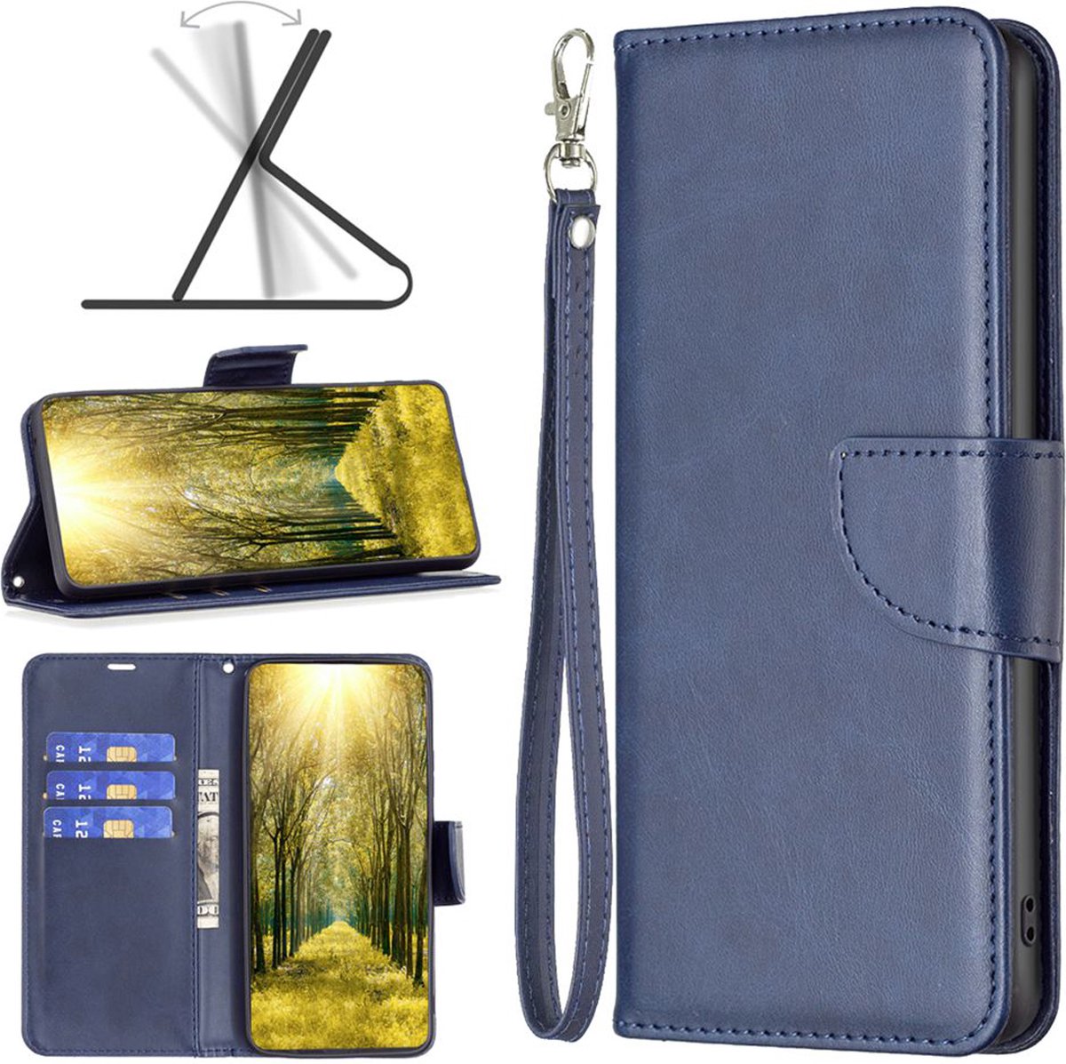 MobyDefend Hoesje - Geschikt voor iPhone 15 - Wallet Book Case Met Koord - Blauw