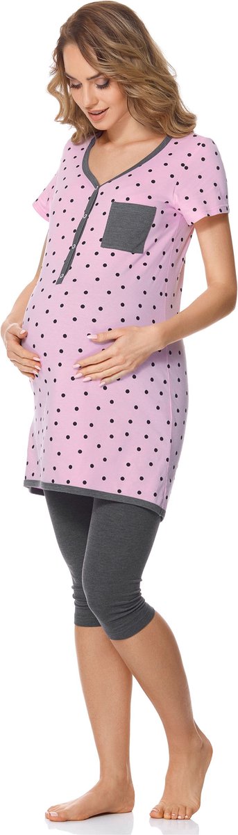 Bellivalini Dames Zwangerschapspyjama - Korte mouwen - Korte broek met borstvoedingsfunctie - Katoen - BLV-BLV50-126-PJ - Roze Punten/Grafiet - S