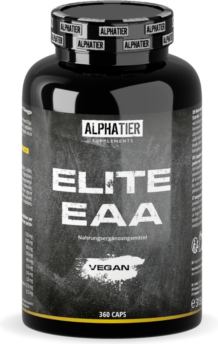Goedkoopste Alphatier Elite EAA Caps - hooggedoseerd en veganistisch - alle essentiële aminozuren - spieropbouw en regeneratie - 360 Caps