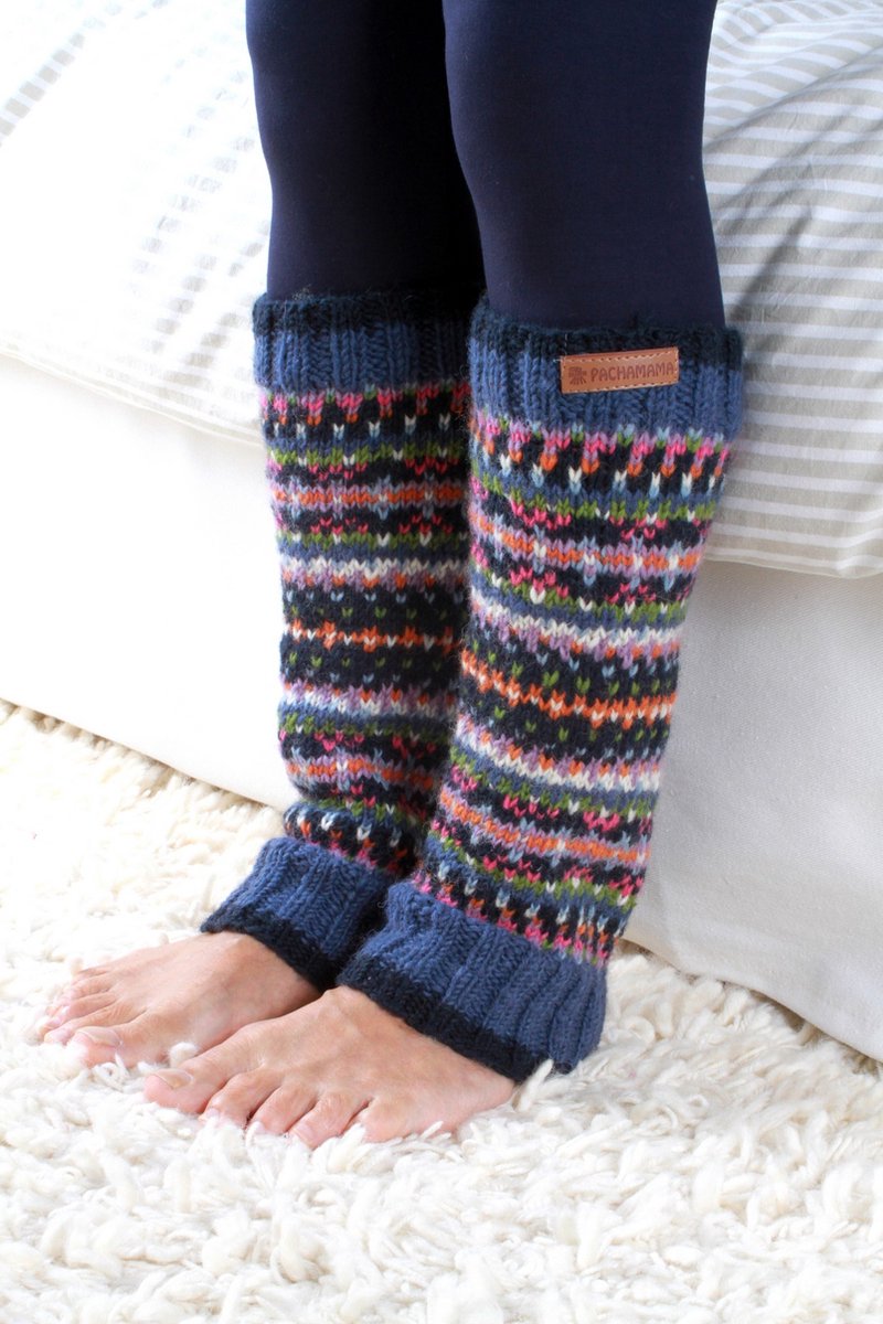 Pachamama - Iona - Wollen beenwarmers - ingebreide patronen - Denim - Fair Isle-patronen - Fair trade - 100% wol