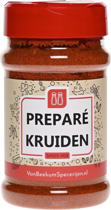 Pot de "PREPARÉ KRUIDEN" avec un couvercle rouge et une étiquette illustrant des herbes et des épices.