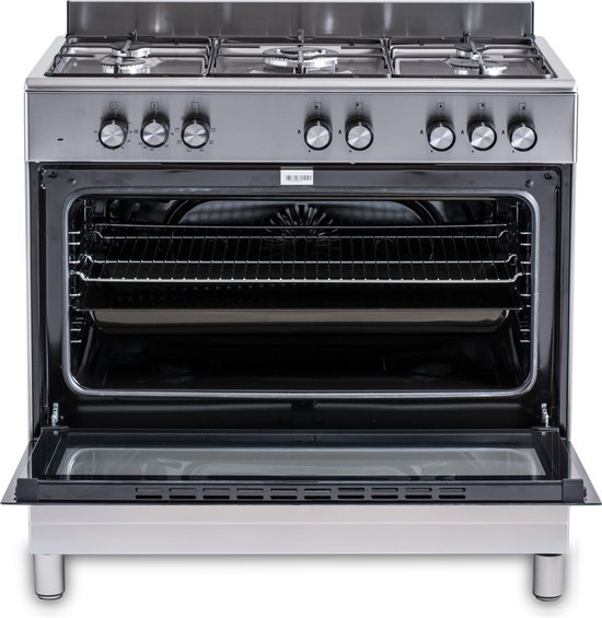 Roestvrijstalen gasfornuis met de ovendeur open, 6 gaspitten, 6 draaiknoppen en een glazen ovendeur.