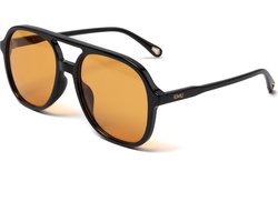 KIMU Motor Pilotenbril Rond - Zwart Montuur Kunststof - Oranje Glazen - Zonnebril Piloten Bril Influencer Motorbril Retro Heren Dames Piloot Koningsdag