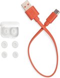 Oplaaddoosje, oordopjes en accessoires voor JBL Tune Flex 2: witte oordopjes, oordopjes-eindstukken en USB-C kabel.