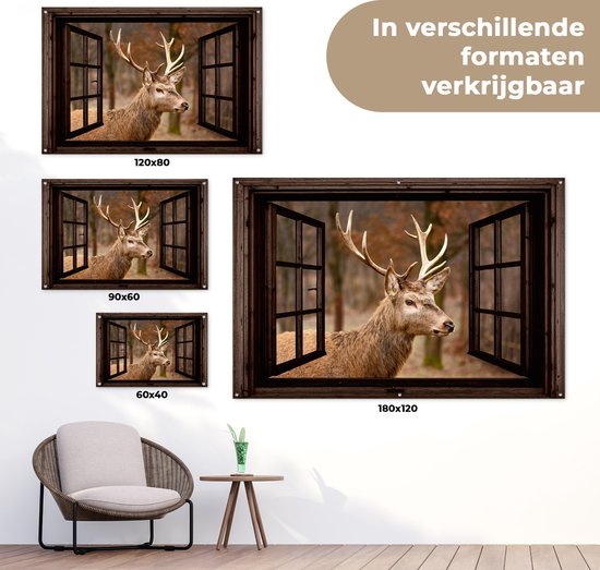Tuinposter 120x80 cm - Tuindecoratie Hert - Dier - Bos - Herfst - Hertenkop - Bruin - Doorkijk - Poster voor in de tuin - Buiten decoratie - Schutting tuinschilderij - Tuindoek muurdecoratie - Wanddecoratie balkondoek