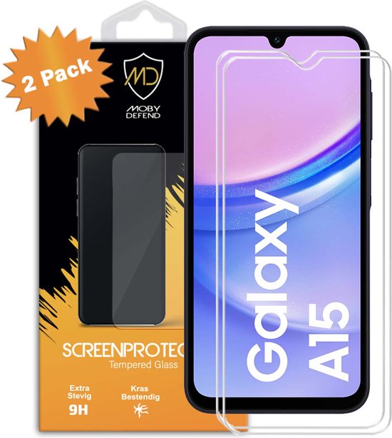 Paquet de 2 Protecteurs d'écran Samsung Galaxy A15 - Économiseurs d'écran en Glas trempé MobyDefend adaptés aux coques - Protecteurs d'écran - Plaques de verre adaptées au Samsung Galaxy A15