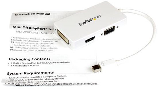 StarTech.com Adaptateur de voyage Mini DisplayPort vers DVI / VGA / HDMI pour MacBook - Convertisseur vidéo 3-en-1 - Blanc