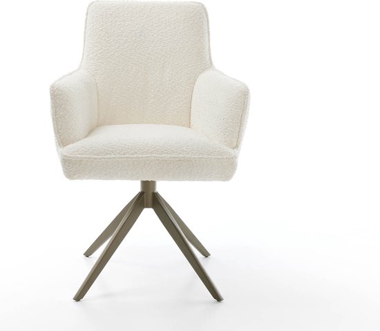 Chaise de salle à manger Heira- Flex avec accoudoirs, structure transversale, finition large avec noyau à ressorts ensachés blanc bouclé titane, pivotant à 360°