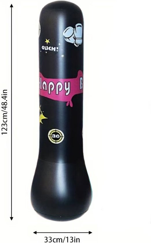 Zwarte opblaasbare bokszak van 125 cm hoog en 33 cm breed, met roze 'Happy B' opdruk.