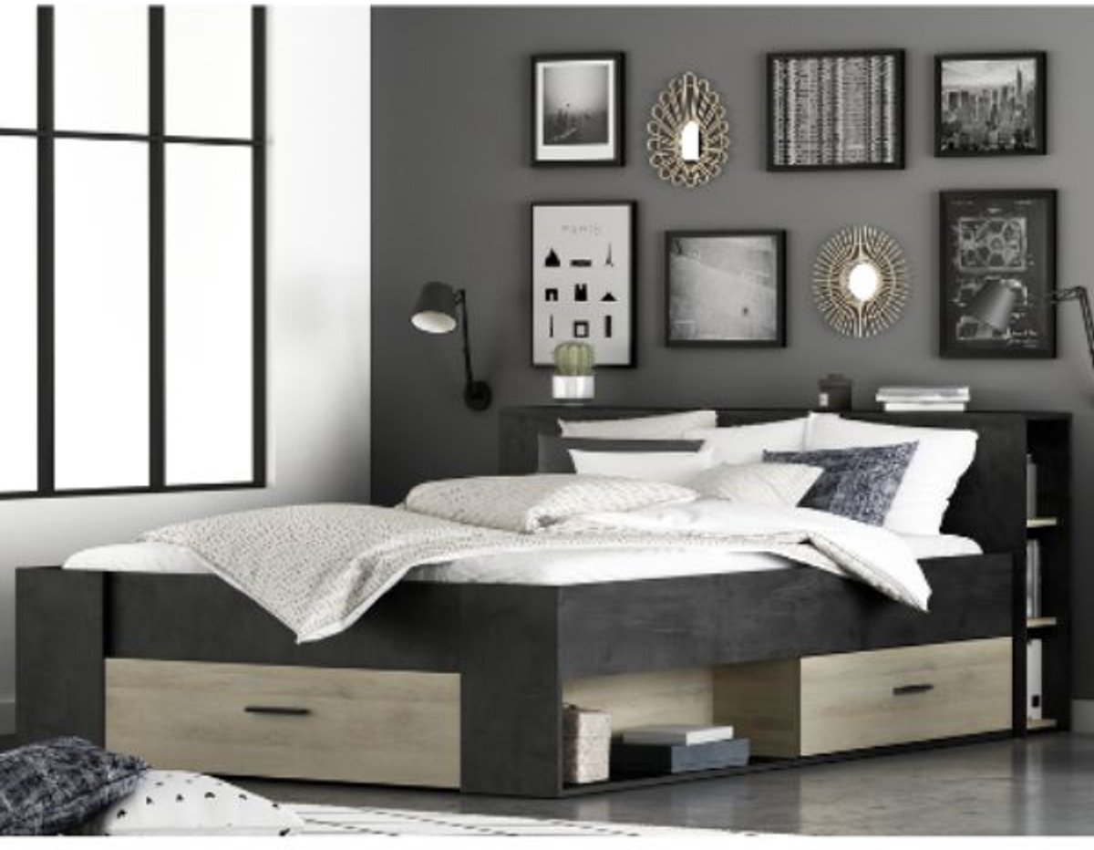 Bed Polly 140 x 190 cm-Sidewalk zwart/Kronberg eik - CBA - Tweepersoons bedkader - Bruin; Zwart - Melamine; Spaanplaat Tweepersoons Normaal bed