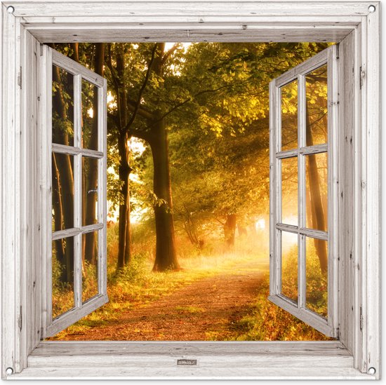 Foto: Tuinposter 100x100 cm tuindecoratie bos bomen zonlicht herfst bospad natuur doorkijk poster voor in de tuin buiten decoratie schutting tuinschilderij tuindoek muurdecoratie wanddecoratie balkondoek