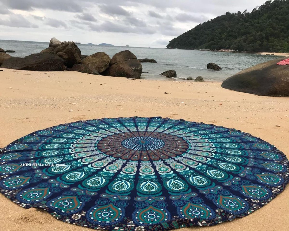 Grote Ronde Indiase Strandhanddoek - Boho Ronde Yogamat - Meditatie Tafelkleed - Picknick Handgemaakt Tapijt 180cm - Blauwe Mandala