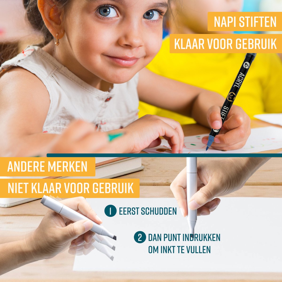 Napi Acrylstiften 12st Metallic - Brush en Fine Tip Twinmarkers - Verfstiften Happy Stones - Stenen Schilderen met Acryl Verf Marker Stiften - Volwassenen en Kinderen - Incl. 2 Mandala Sjablonen — afbeelding 4