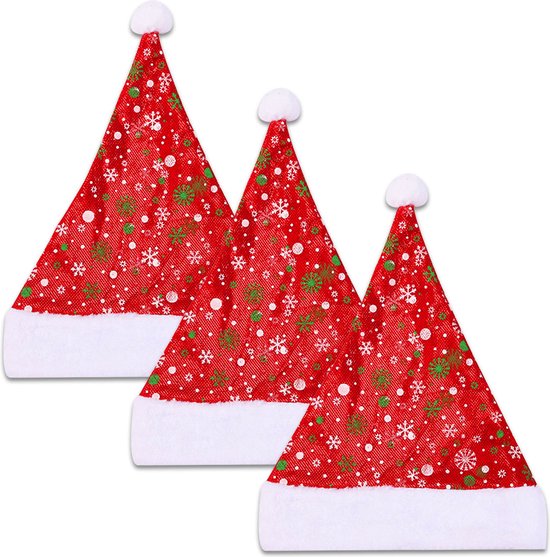 Q2P - Bonnet de Père Noël - Flocons de Neige - Adultes - Enfant - Costumes de Noël de Noël - Décorations de Noël - Taille Unique - Rouge - Vert – 3 Pièces