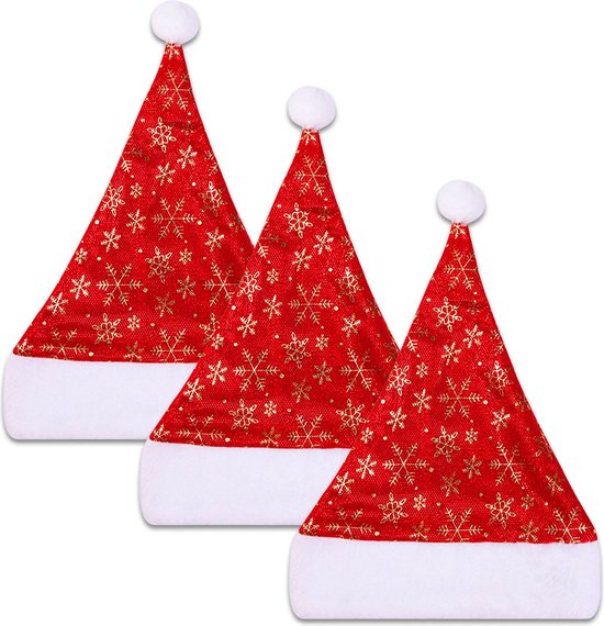 Q2P - Bonnet de Noel - Flocons de Neige - Adultes - Enfant - Costumes de Noël de Noël - Décorations de Noël - Taille Unique - Rouge - Or - 3 Pièces