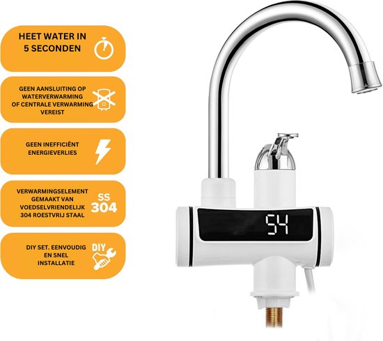 Elektrische mini-doorstroomboiler, compact, 3000 W, te gebruiken met kraan in keuken en badkamer, wit